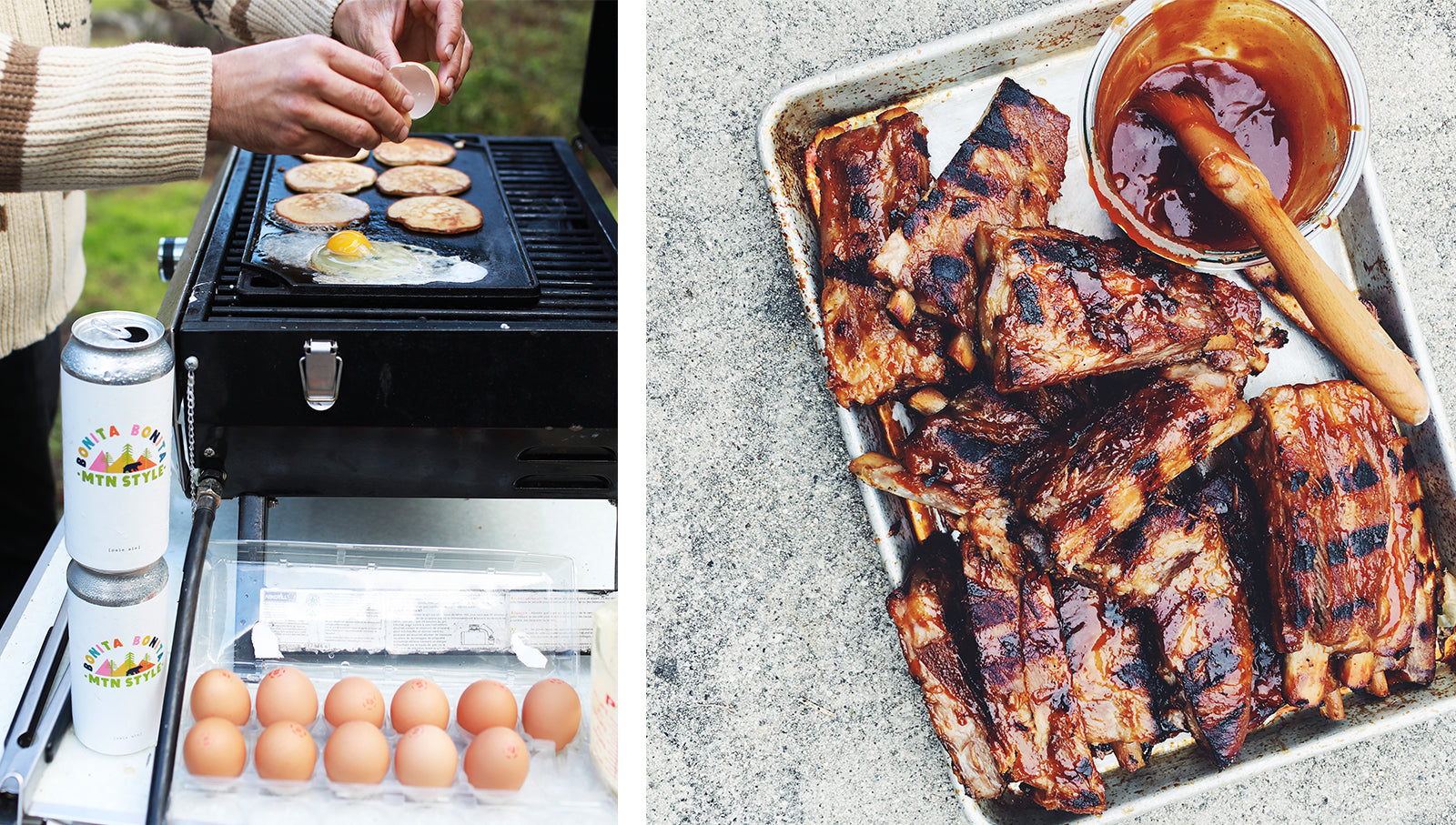 A person cracking an egg across a griddle and meat seasoned with sauce