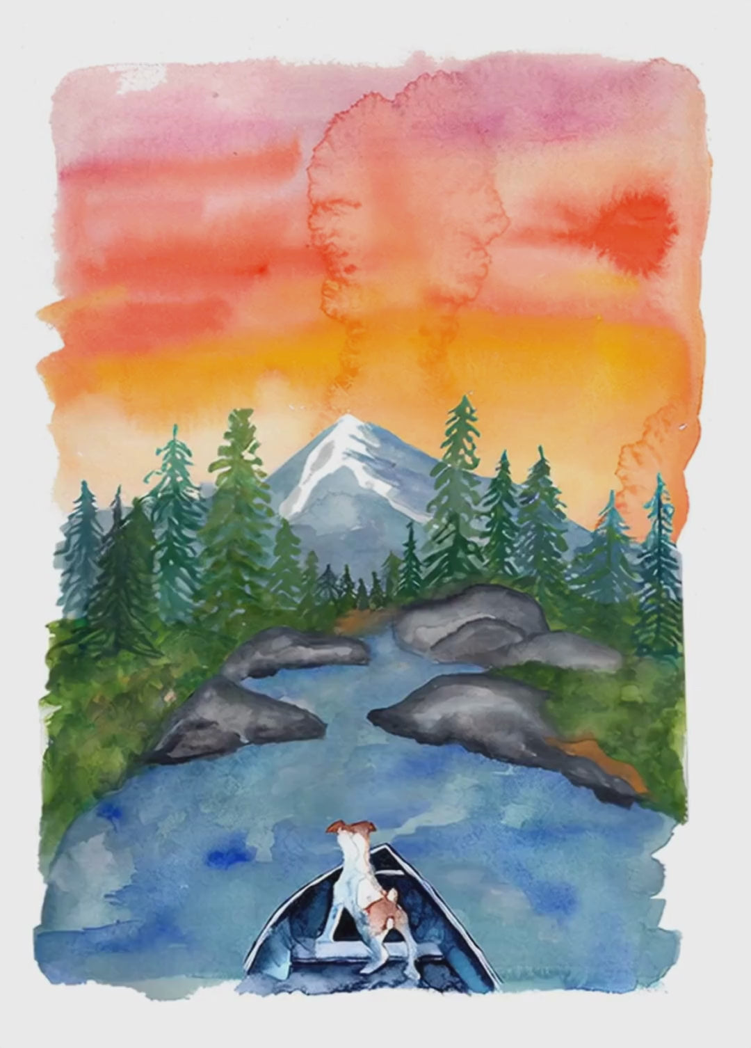 watercolor of a dog moving down a river in aa wooden boat